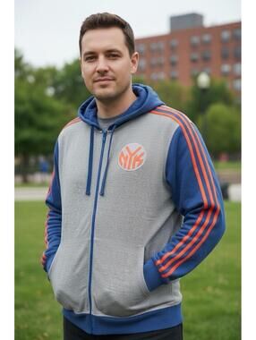 New York Knicks Adidas NBA Hoodie Men's Blue Gray Heather Sweatshirt Size XL